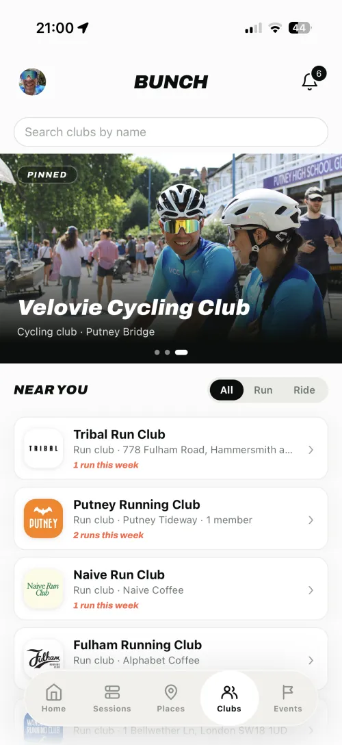 The Clubs tab, with clubs nearby and what each has on this week