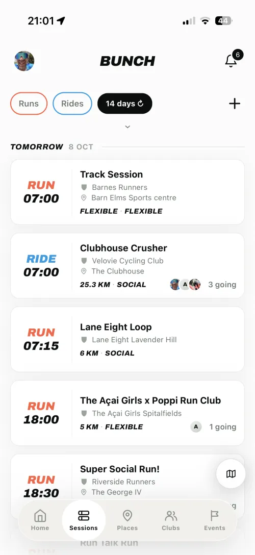 The BUNCH app listing tomorrow's runs and rides nearby